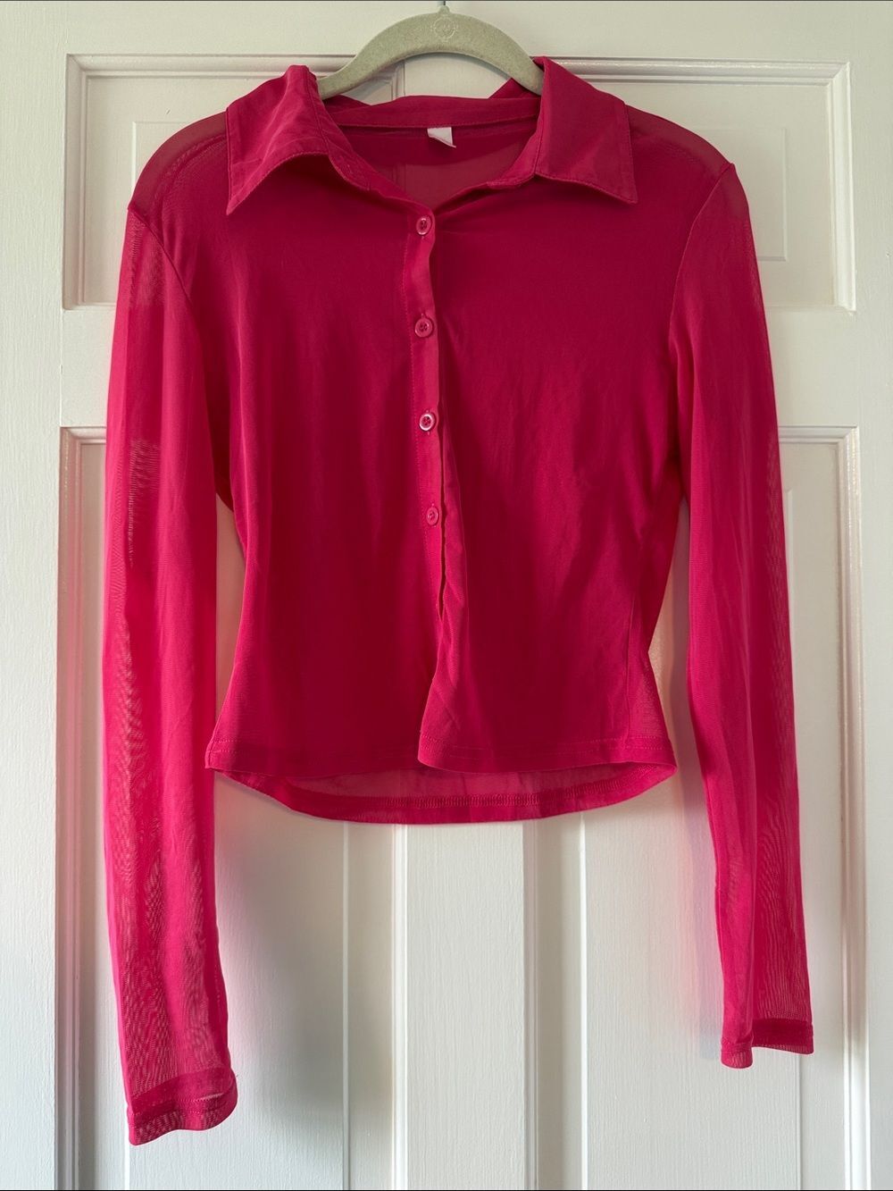 Women’s Hot Pink Mesh Collared Long-Sleeve Button-Down Shirt Size Medium Sexy